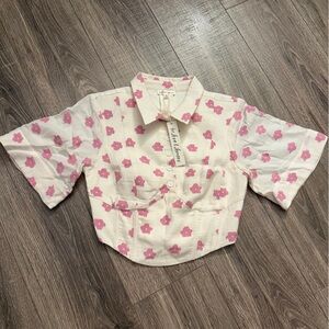 For Love & Lemons Cream Short-Sleeve Top with Pink Floral Print Size Small NWT